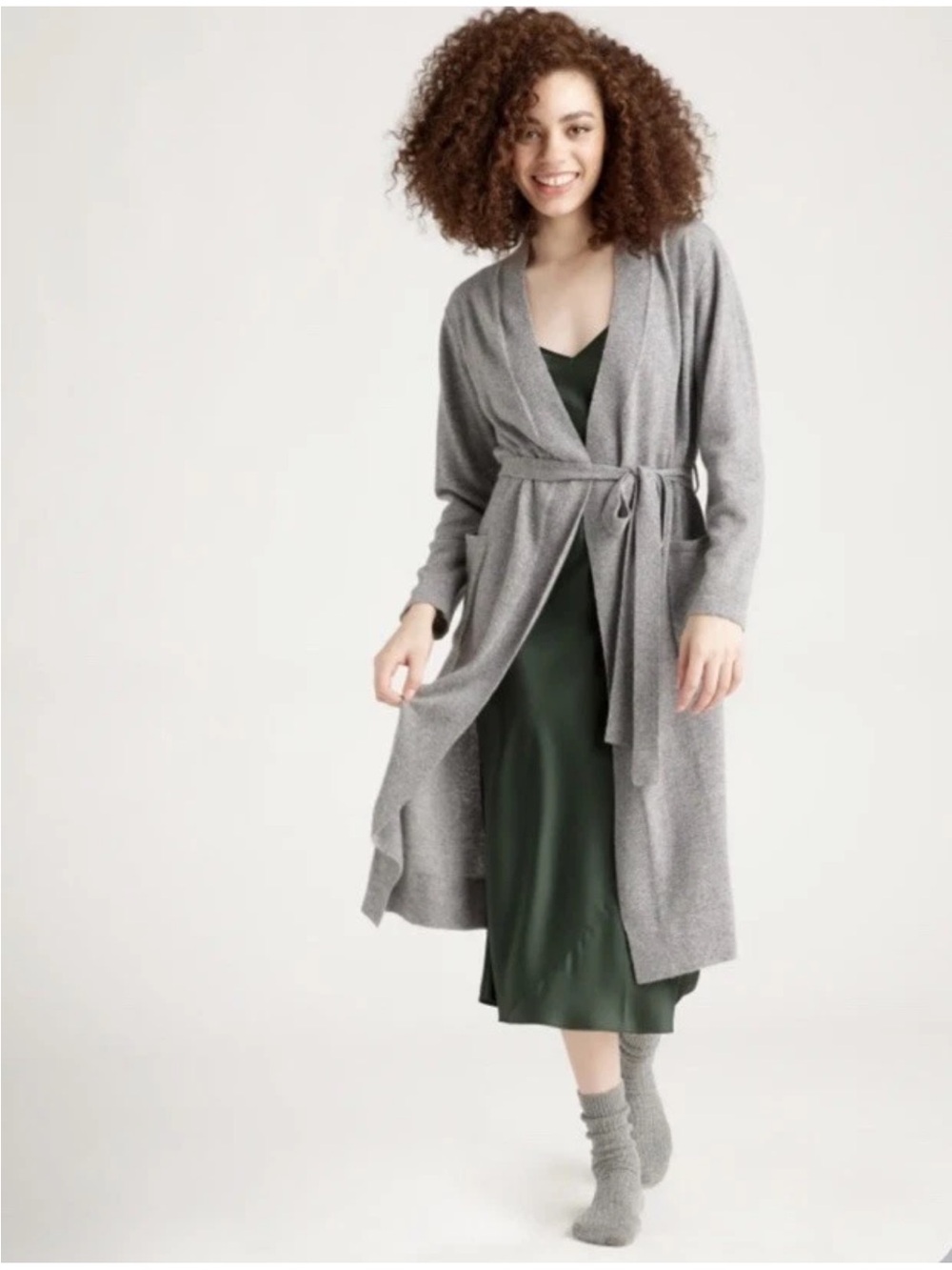 NWT Quince Mongolian Cashmere Belted Long Cardigan Robe Heather Grey Size XS